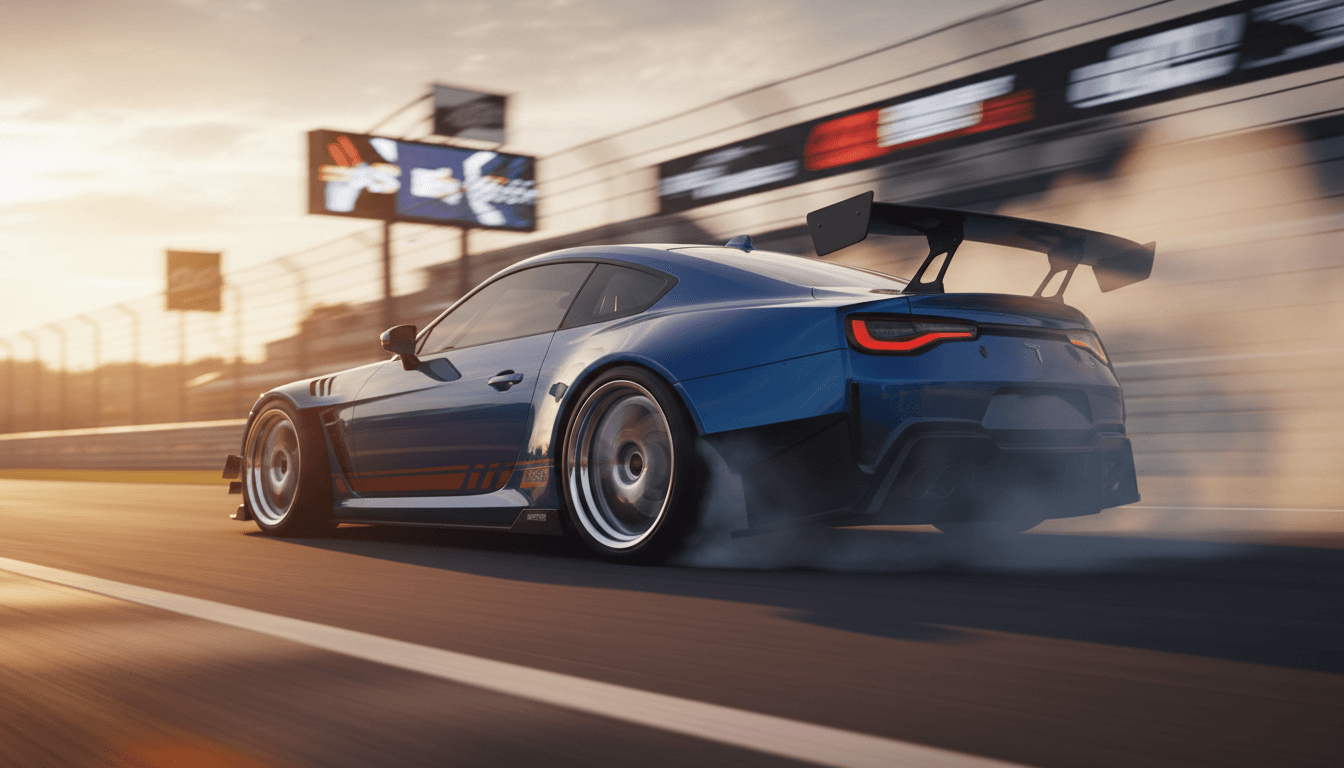 Auto deportivo modificado en pista de carreras con rines deportivos